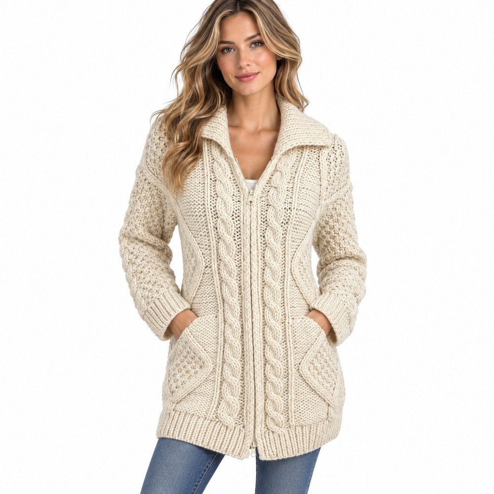 90's Sisandina Women Wool Sweater Coat Cable Knit Full Zip Cardigan Cream Large